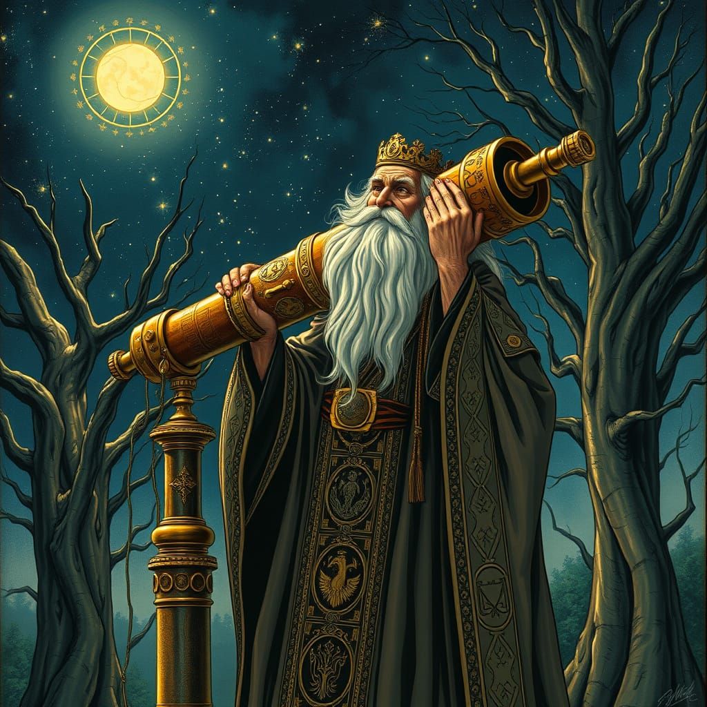 Astrologer Under Starlit Sky, Gazing Through Ornate Telescop...