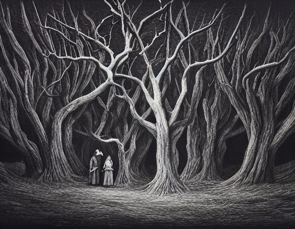 Two Tormented Souls in a Dark Surrealist Landscape