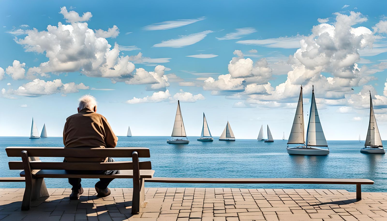Daydreaming Old Man Watching Sailboats on the Sea