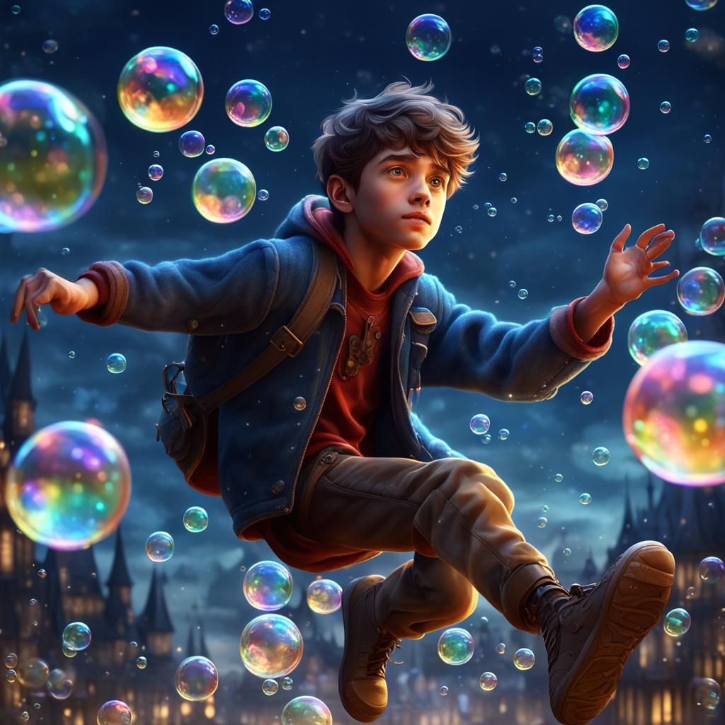 Boy Flying in Soap Bubble on Fantasy Night
