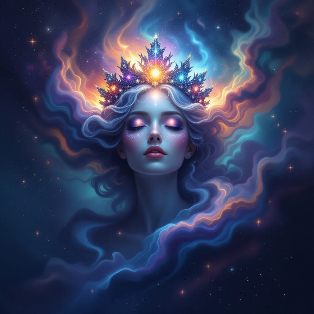 Cosmic Being Crowned with Galaxies in Digital Painting Style