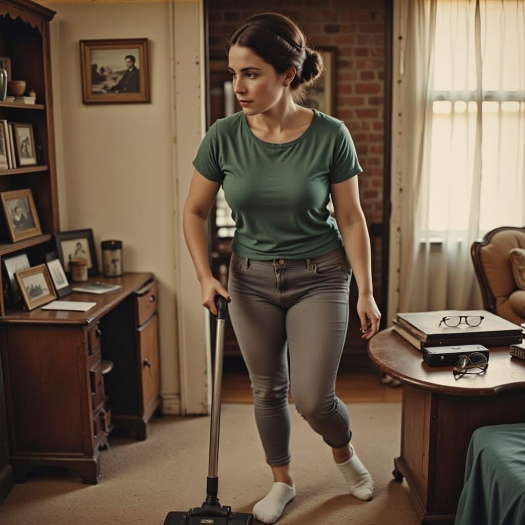 Woman Vacuuming Cozy Living Room in Natural Light