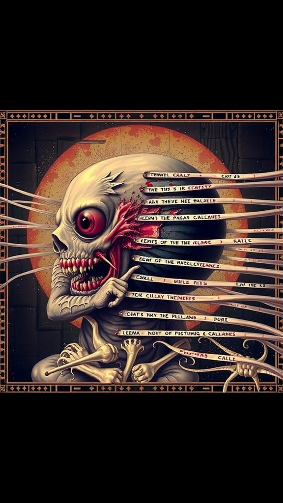 Grotesque, Crimson-Hued Demonic Infant in a Putrid Crib