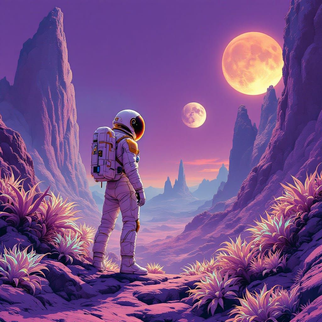 Astronaut Explores Futuristic Alien Landscape in Retro Sci-F...