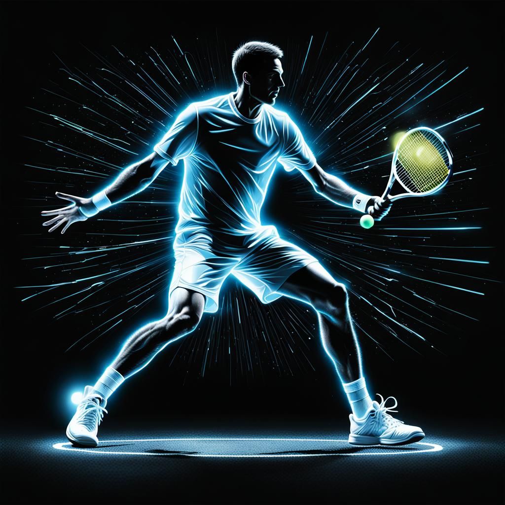 Hyperrealistic Luminescent Tennis Player Swinging Racket