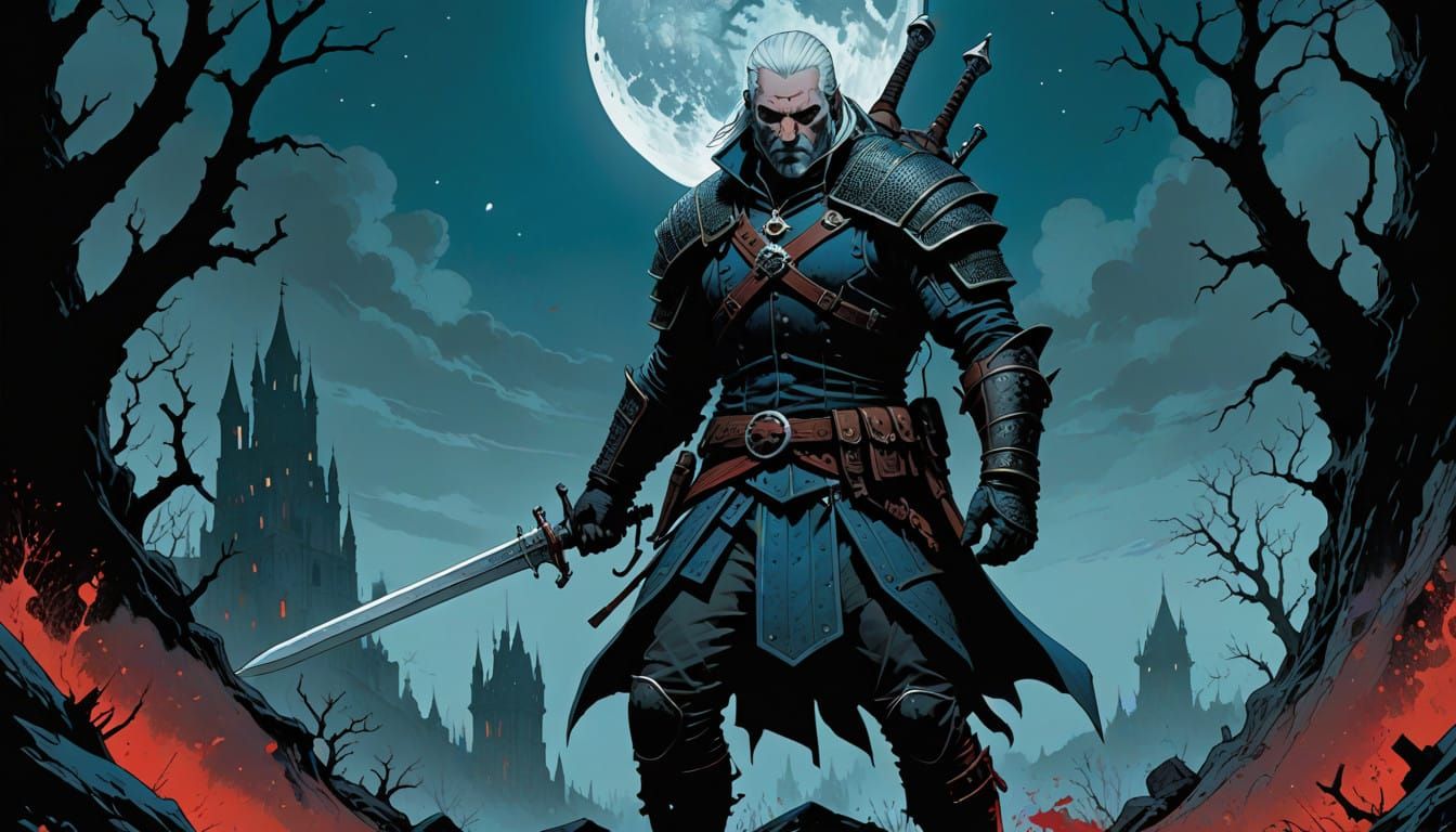 Surreal Double Exposure of The Witcher's Silhouette in Bold ...