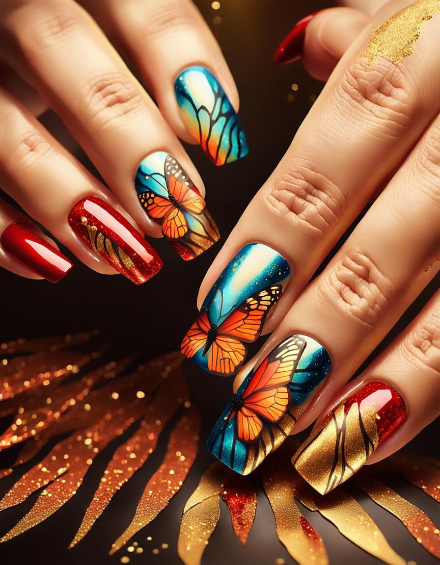 Butterfly Nail Art with Glitter and Gold Details