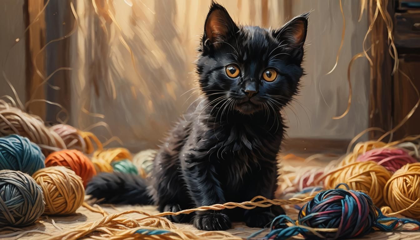 Black Kitten Plays with Yarn as Vibrant Oil Painting
