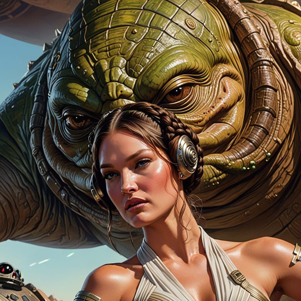 Princess Leia with Jabba the Hutt in Vibrant Sci-Fi Digital ...