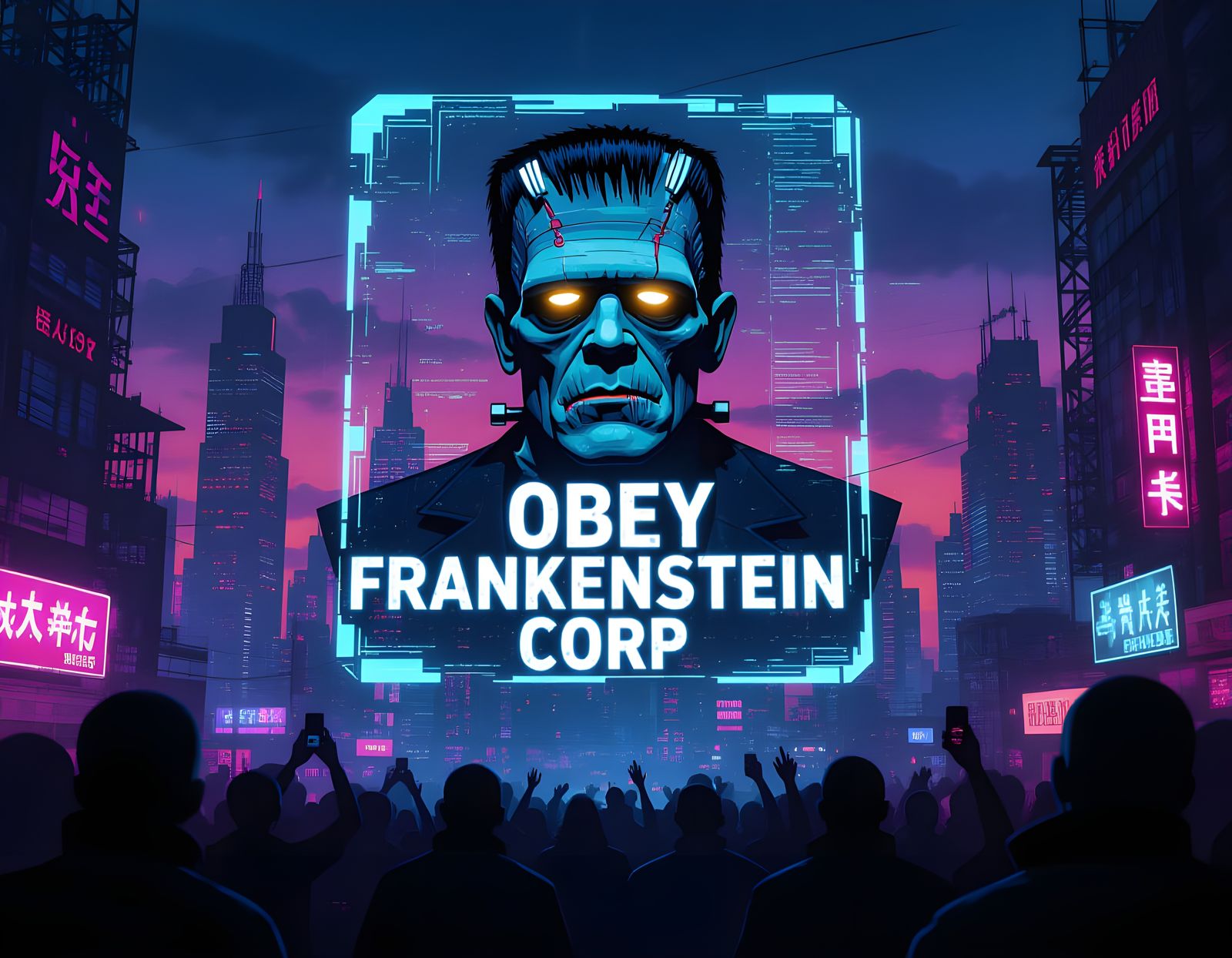 Cyberpunk Propaganda Hologram Over Dystopian Crowd