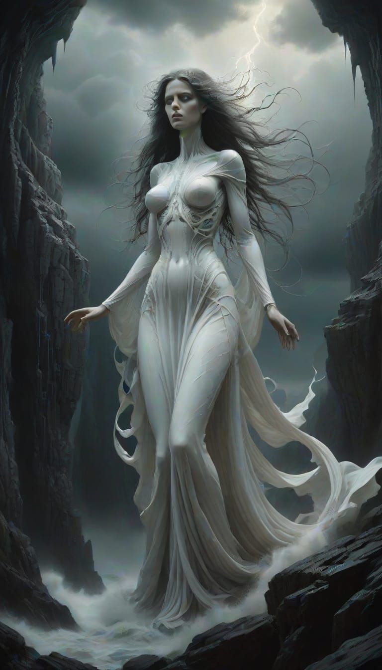 Surreal Woman Embracing Turbulent Stormy Landscape