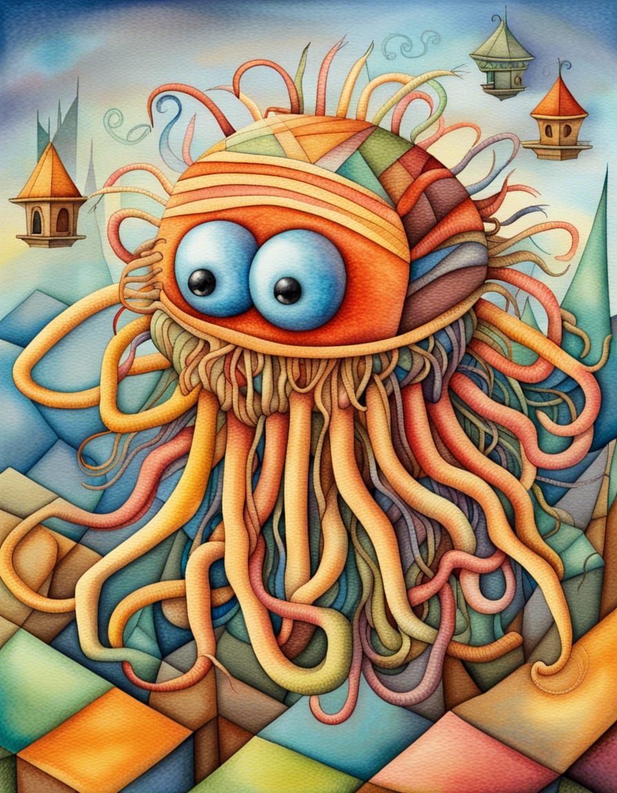 Flying Spaghetti Monster in Vibrant Cubist Style