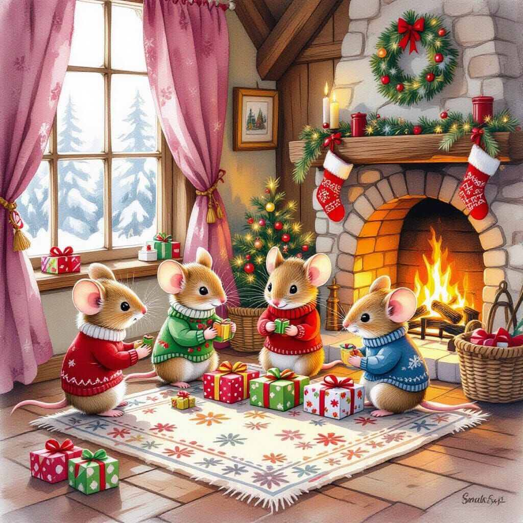 Mice Family Christmas Celebration in Cozy Cottage