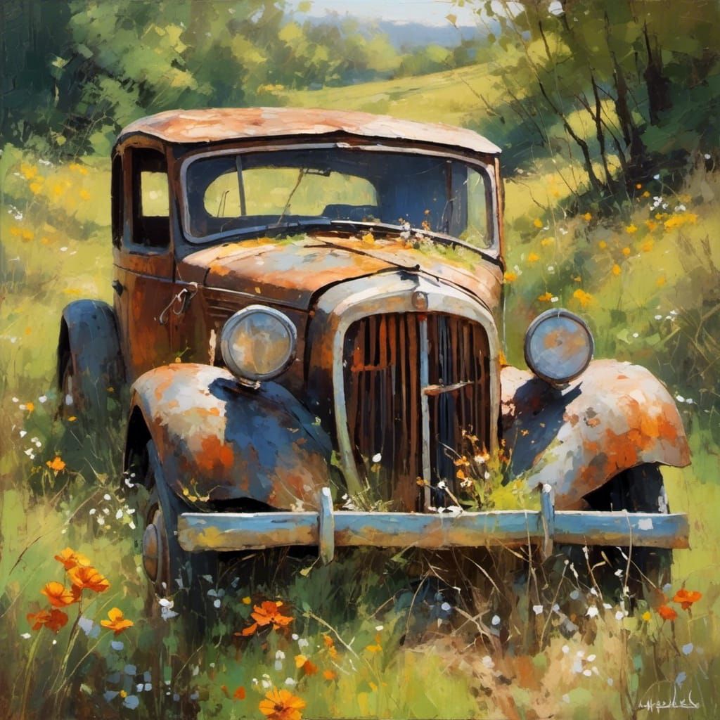 Vintage Car in Meadow, Impasto Oil Painting