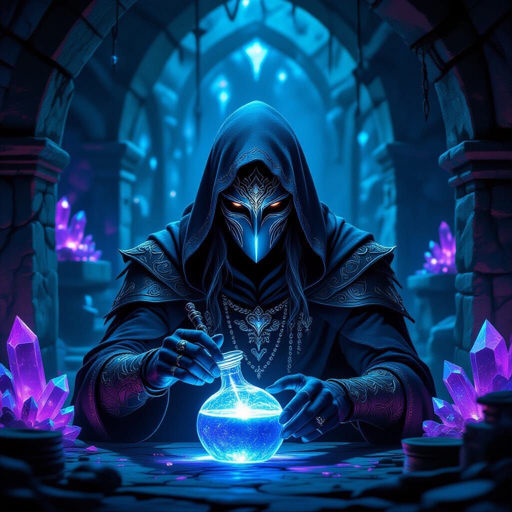 Dark Elf Sorcerer Crafting Potion in Crystal-Lit Dungeon