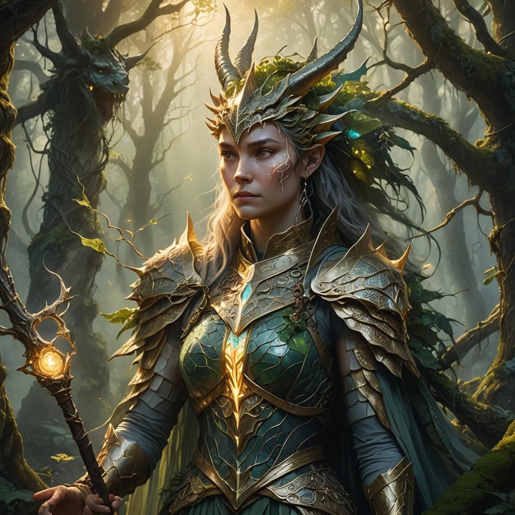 Mystical Dragon Priestess in Ancient Forest