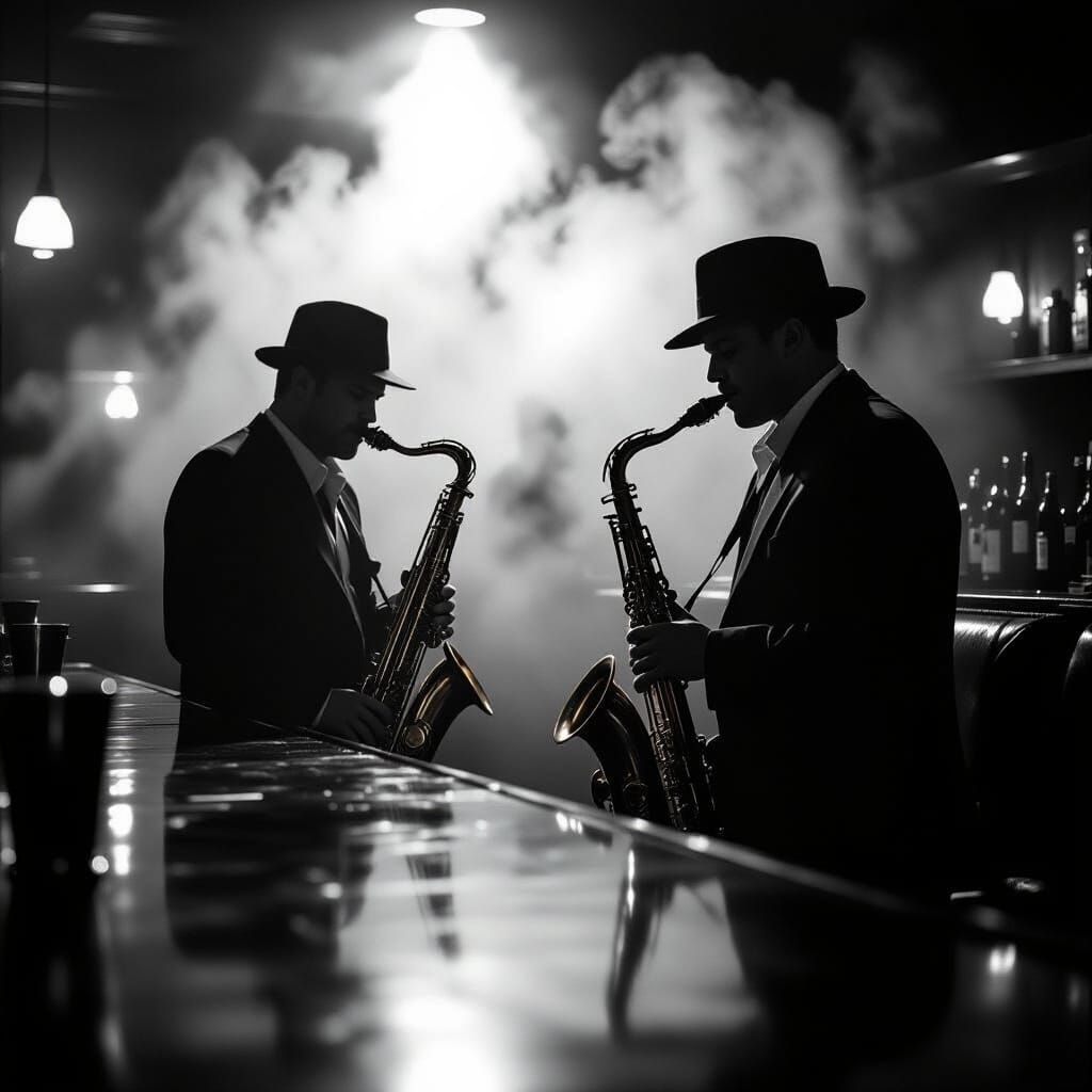 Noir Jazz Atmosphere: Lone Saxophonist in Smoky Bar