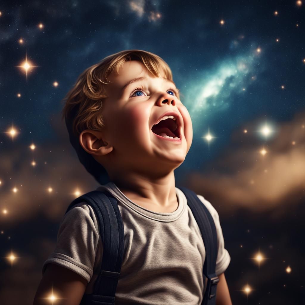 Boy Stares at Galaxy in Night Sky