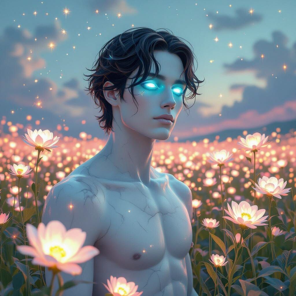 Surreal Androgynous Figure in Bioluminescent Field