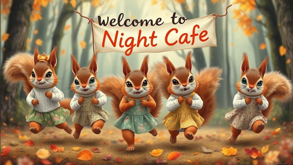 Whimsical Squirrels in Floral Dresses Among Autumn Leaves