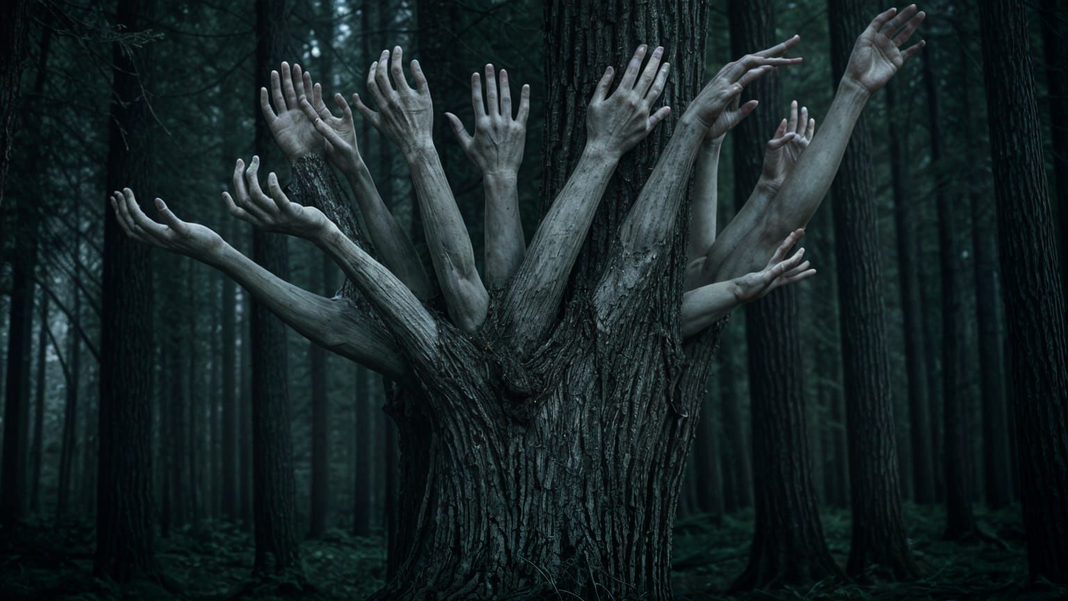 Tree Ensnared by Human Hands in Dark Forest