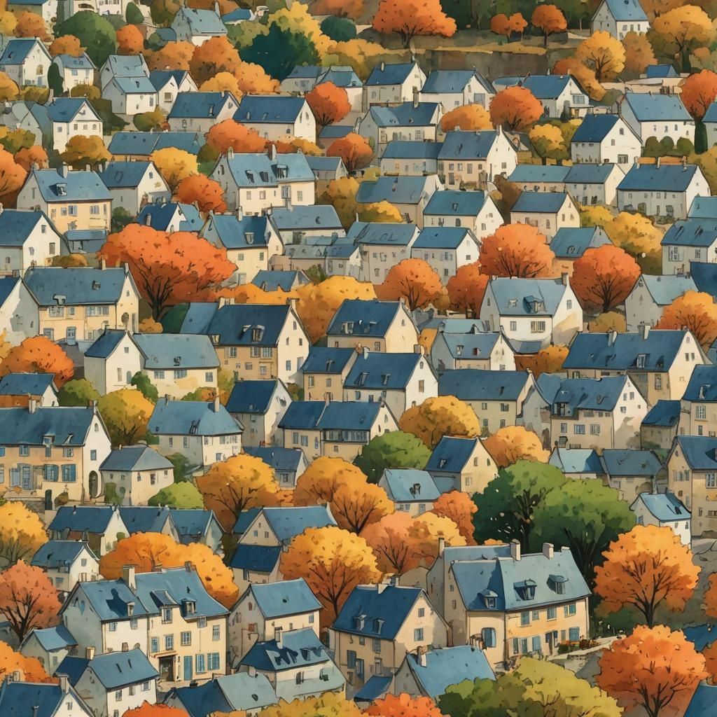 French Townscape in Vibrant Watercolor Autumn Style