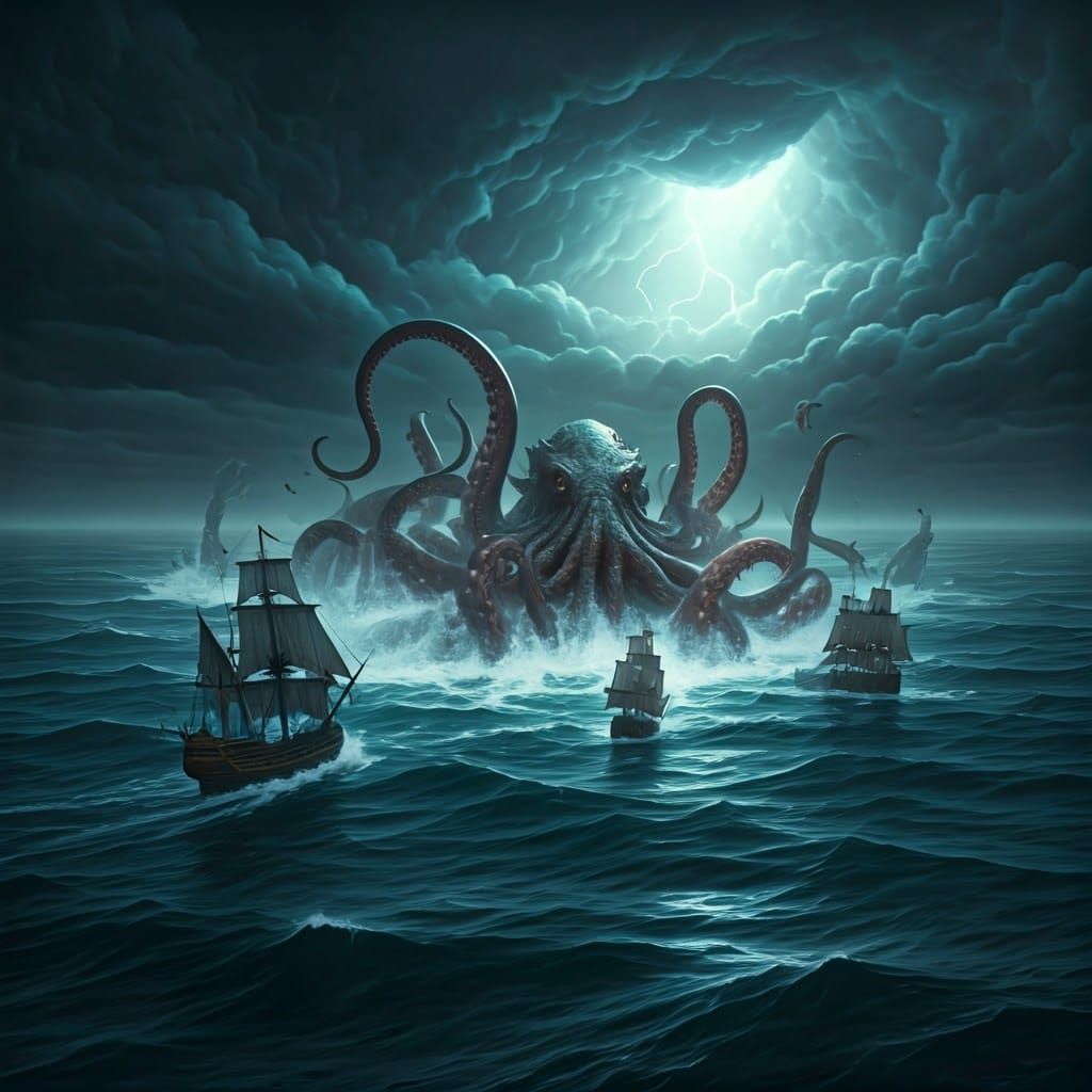 Giant Kraken Attacks Ships in Stormy Sea