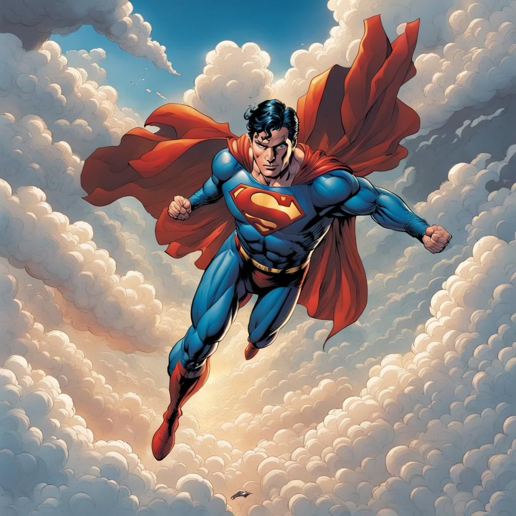 Superman Flying in Clouds: Comic Book Art