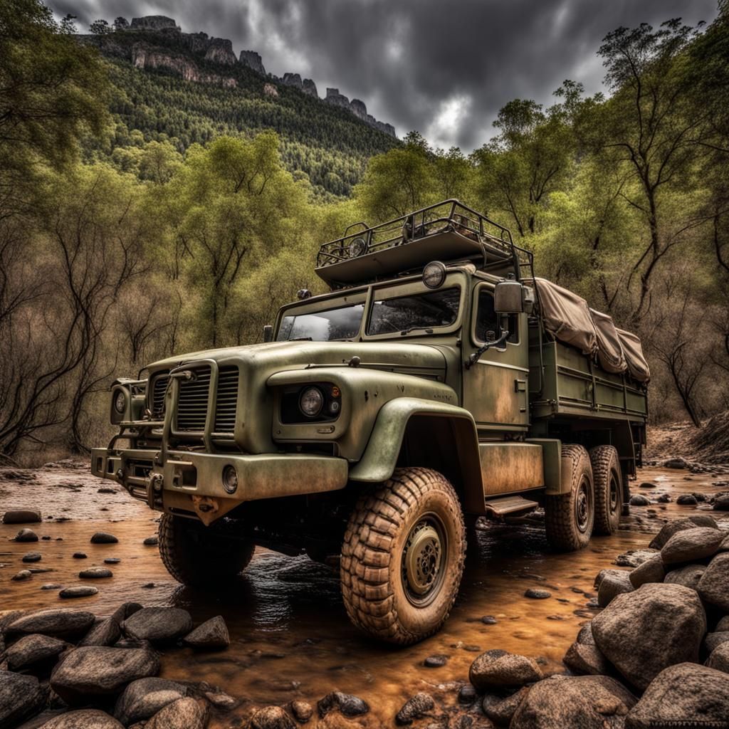 Hyperrealistic 4x4 Military Truck in Forest Landscape