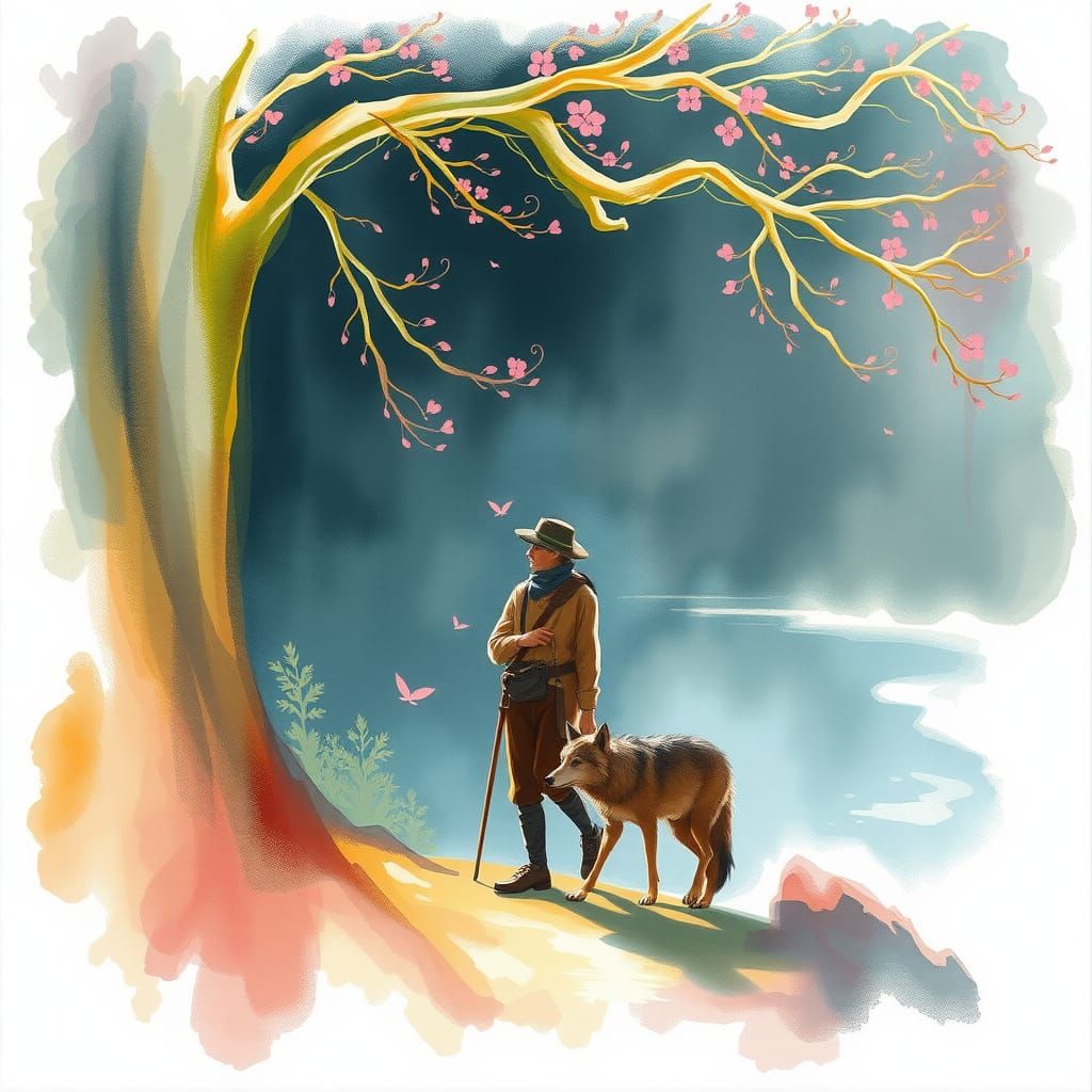 Man and Wolf River Scene in Beatrix Potter Style