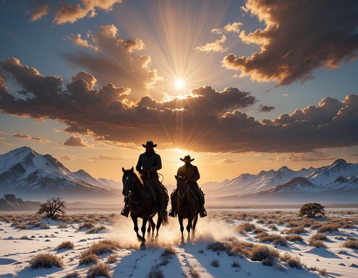 Cowboy Rides into Snowy Sunset: Fantasy Concept Art