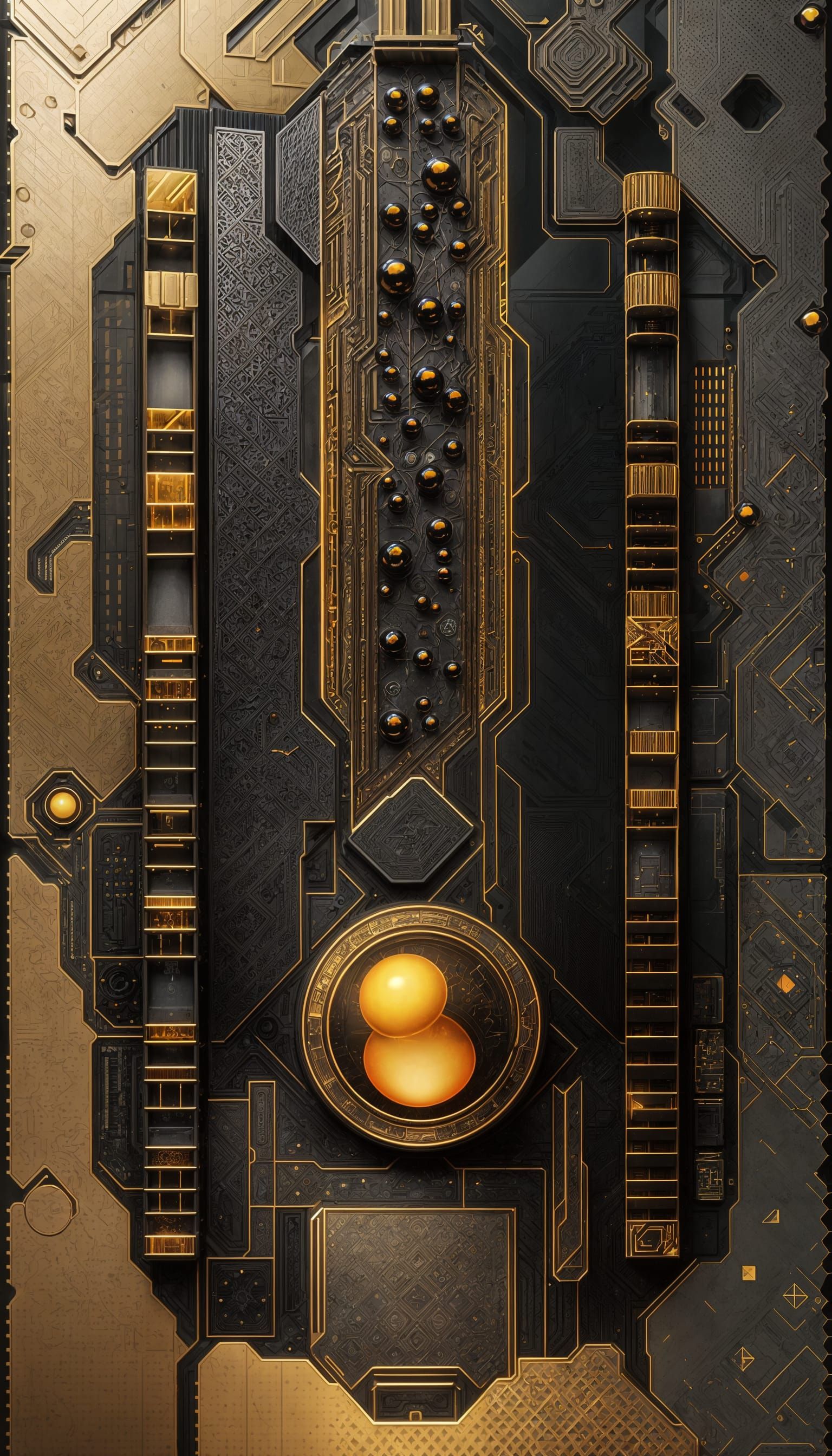 tall 3d mushroom shaped building style complex quantum computer chip on sifi motherboard, dark multicolor glow, futurist...