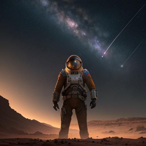 Astronaut on Mars Watching Rocket Launch: Digital Art