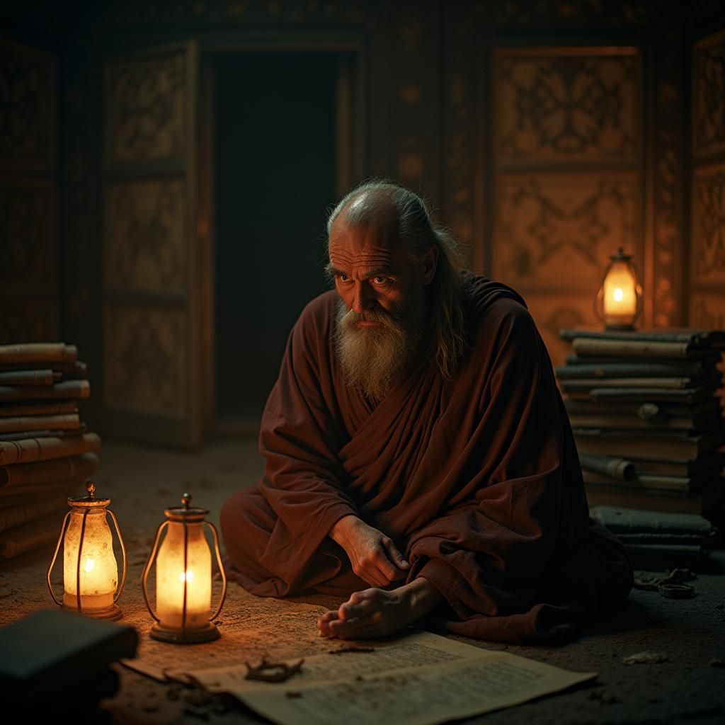 Monk's Disillusionment in Ornate Chamber