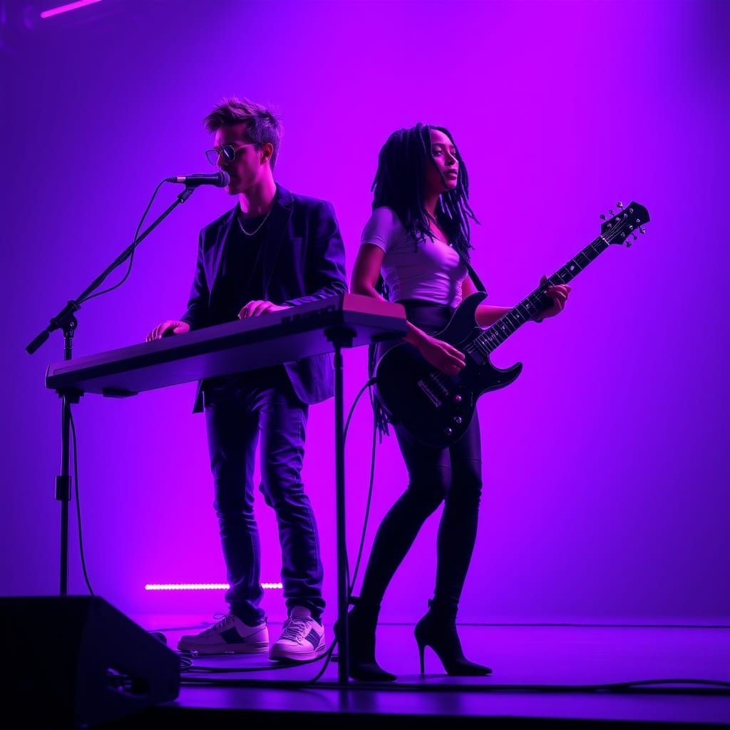 Silhouetted Musicians Shine in Neon-Lit Concert