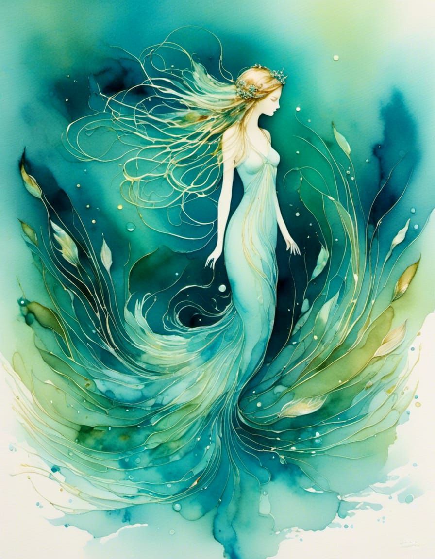 Bioluminescent Nymph Rising from Pond in Watercolor