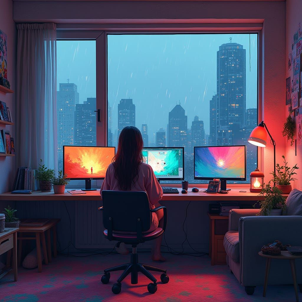 Girl in Rainy Cyberpunk Bedroom, Graffiti Art Style