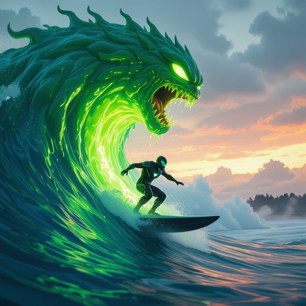 Superhero Rides Electric Goo Wave in Fantasy Art Style