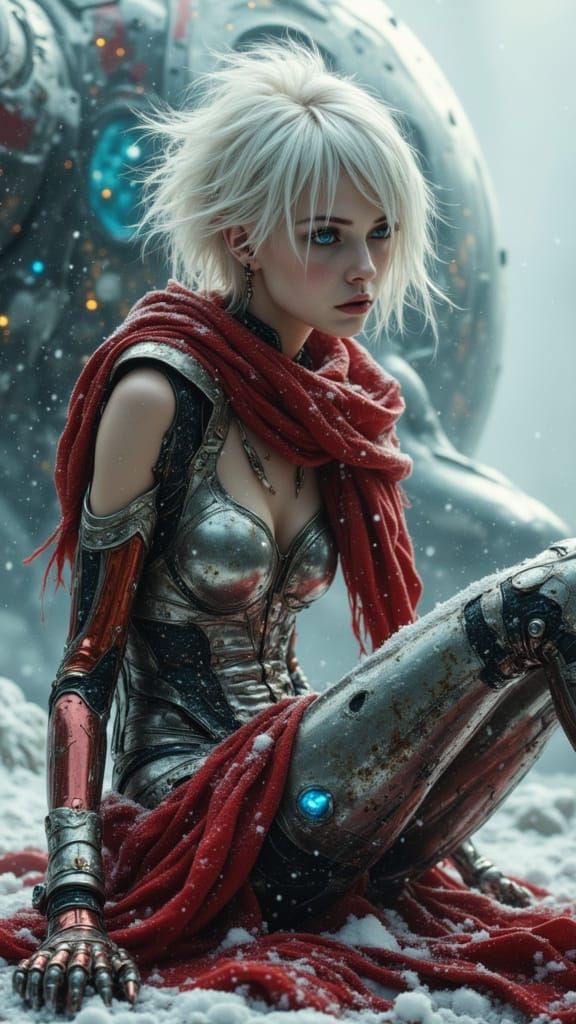 Ethereal Cyborg Woman in Red Cloak on Sci-Fi Planet
