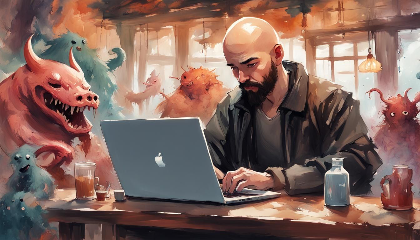 Bald Man Surrounded by Monsters in Watercolor Calligraphy