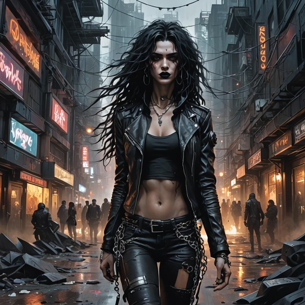 Cyberpunk Goth Guy in Dystopian Nightclub