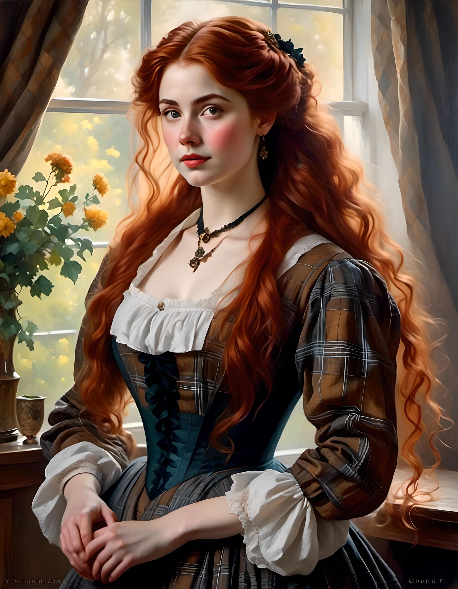 Auburn-Haired Woman in Edwardian Dress Portrait