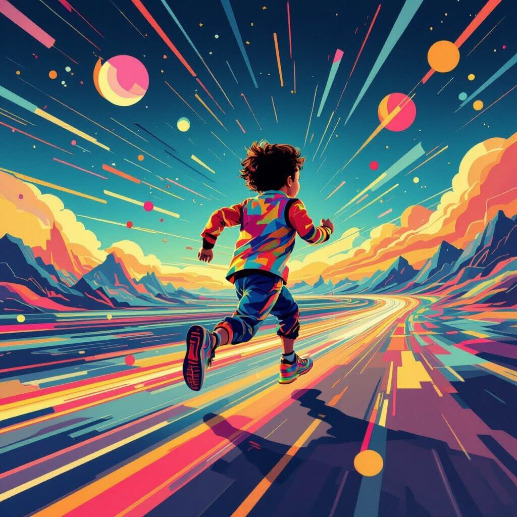 Futuristic Child Running in Geometric Landscape