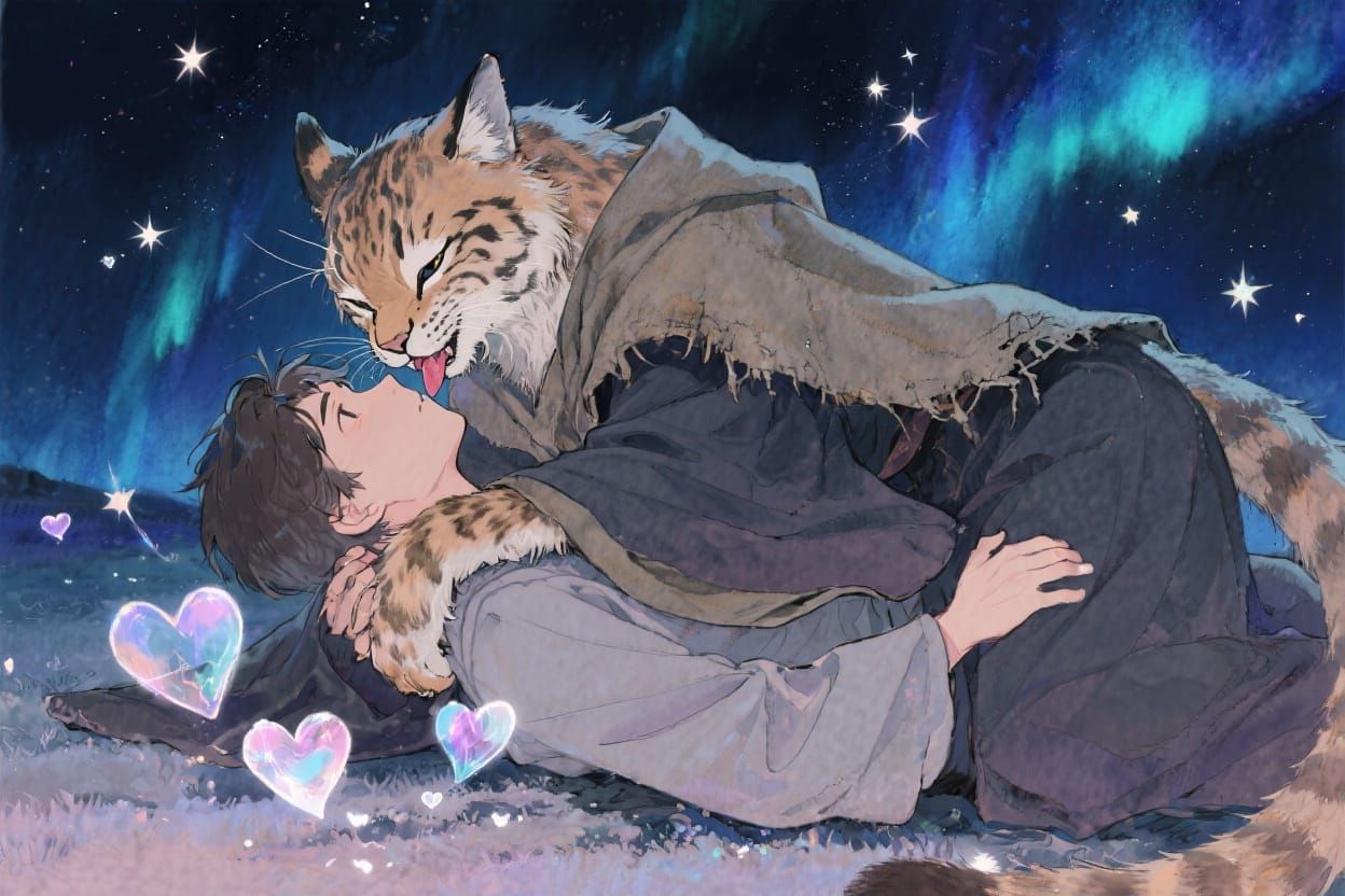 Romantic Anime Lynx Hug in Watercolour Style
