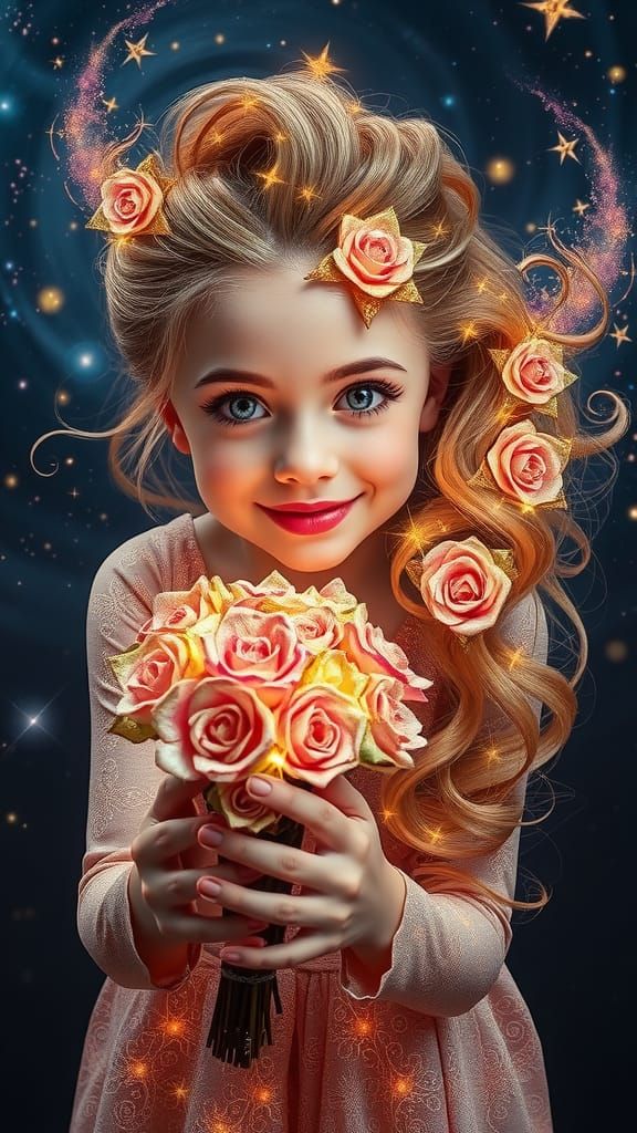 Luminous Girl in Cosmic Botanical Dreamscape