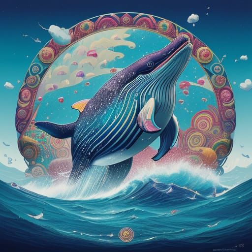 Vibrant Anime-Style Whales Swim Through Candy-Coated Ocean