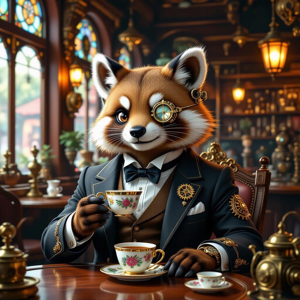 Steampunk Tanuki Sipping Tea in Victorian Cafe
