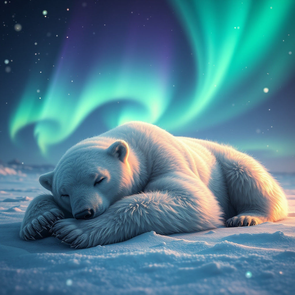 Polar Bear Asleep Under Northern Lights