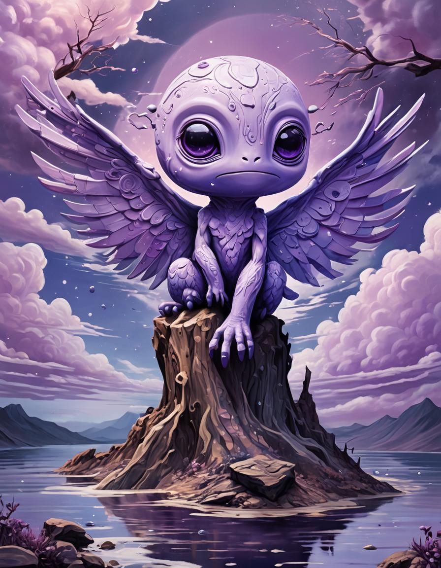 Pastel Purple Alien Landscape with Chibi Creature