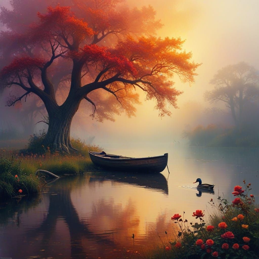 Vibrant Mist Surrounds Ancient Oak Tree